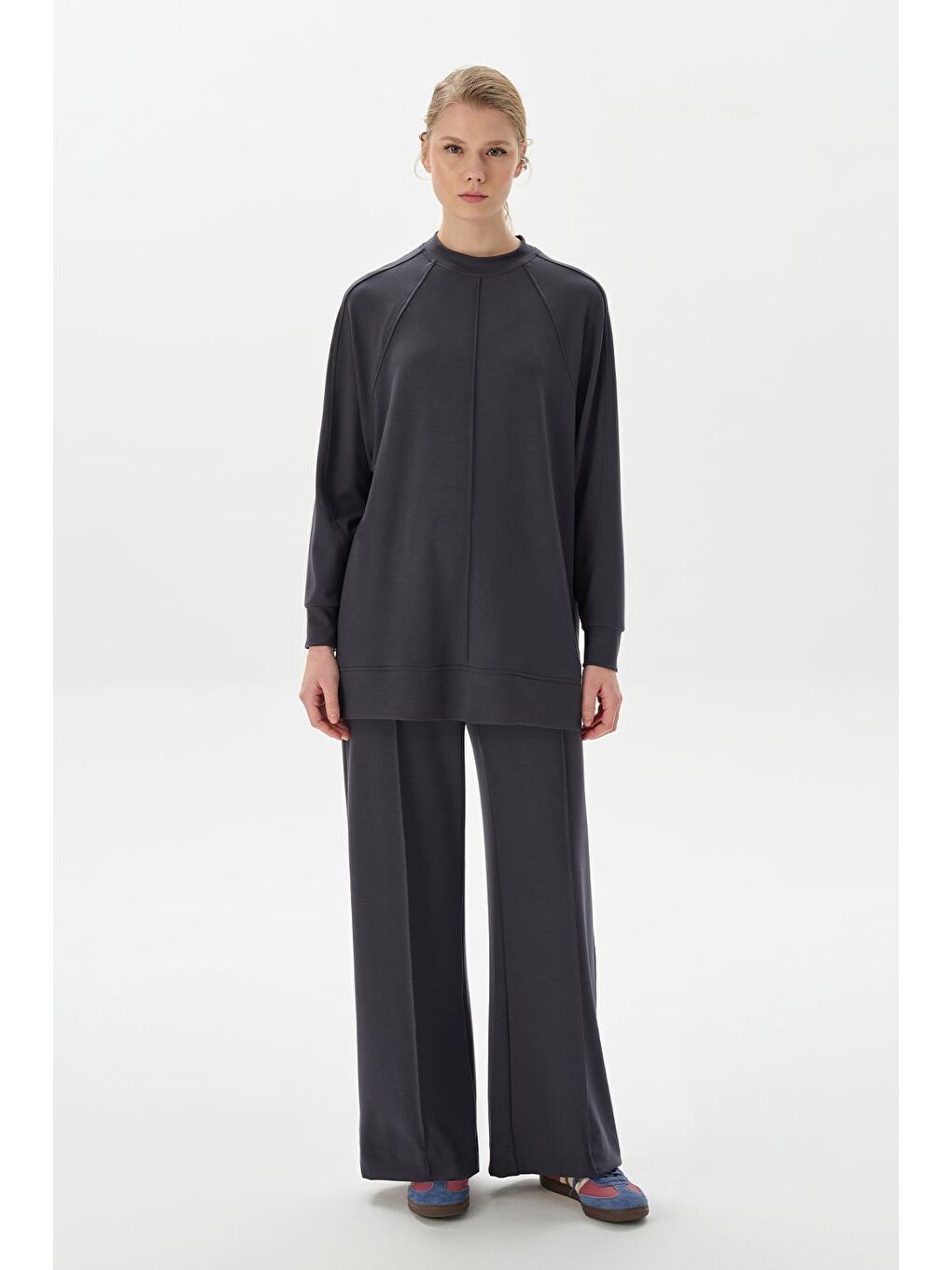 Gri Modal Örme Çima Dikişli Sweatshirt Füme