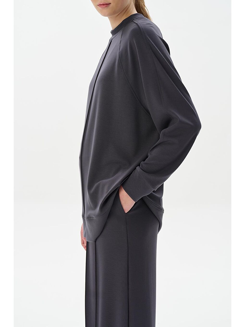 Gri Modal Örme Çima Dikişli Sweatshirt Füme-2