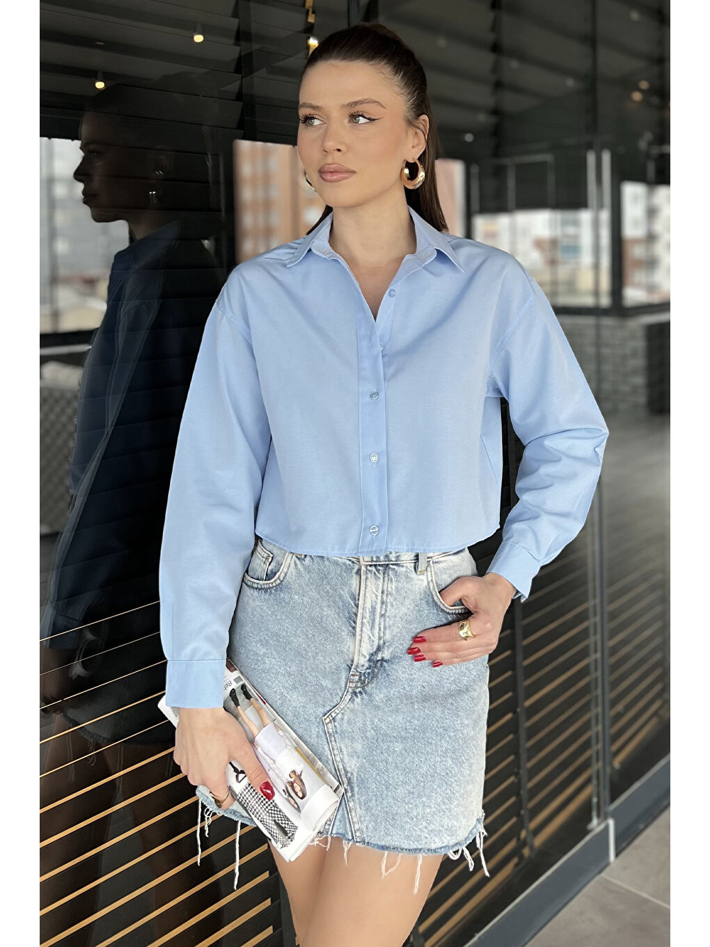 Mavi Uzun Kol Kadın Crop Top Gömlek