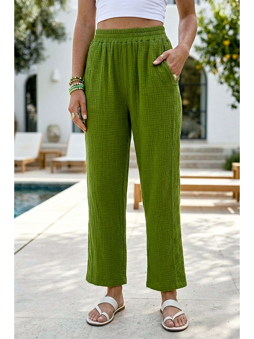 Yeşil Cepli Yanları Dantelli Lastikli Bel Casual Müslin Dokuma Pantolon 92 60