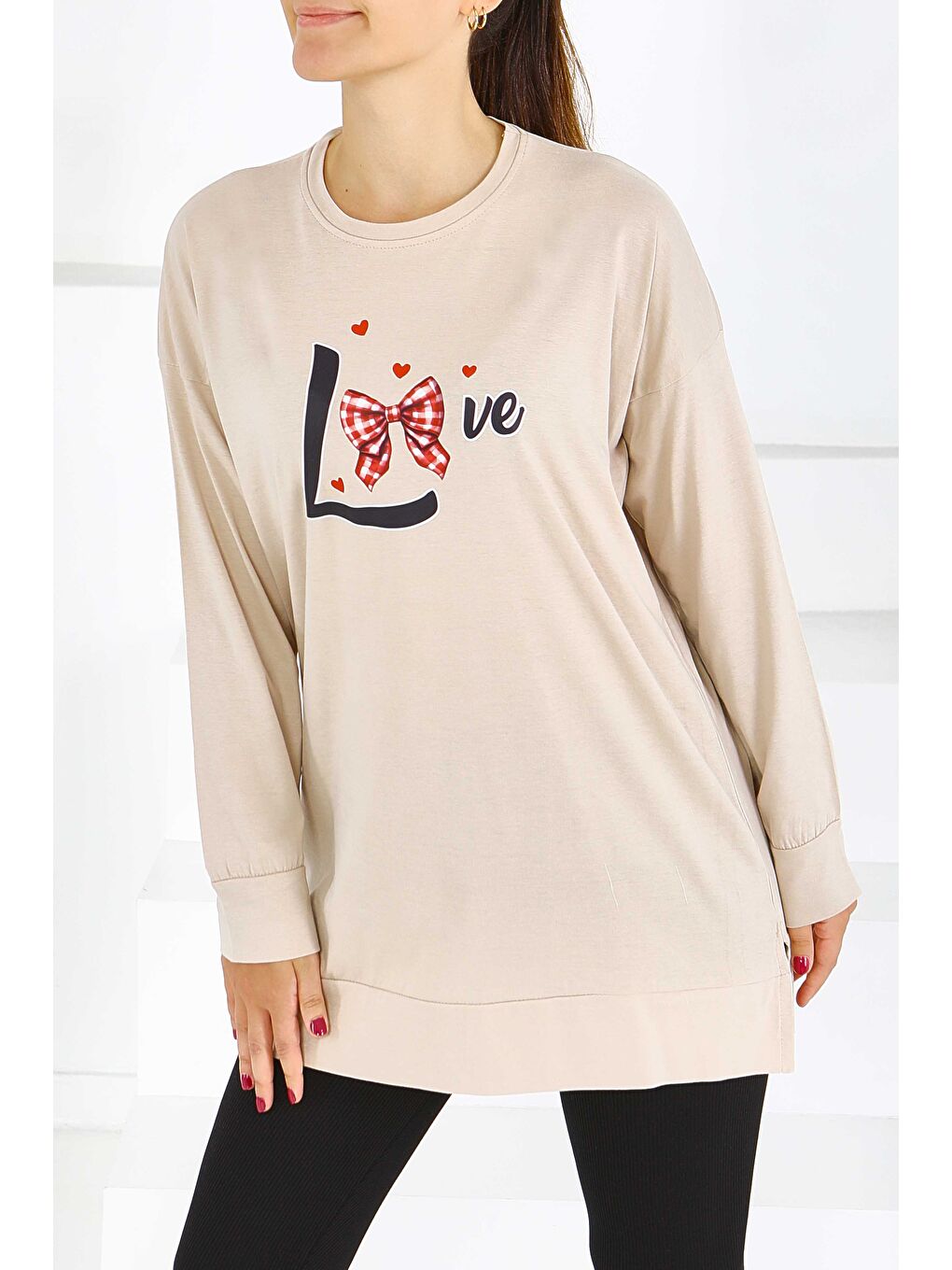 Uzun Kollu Baskılı Süprem Tunik Bej - 27581-2