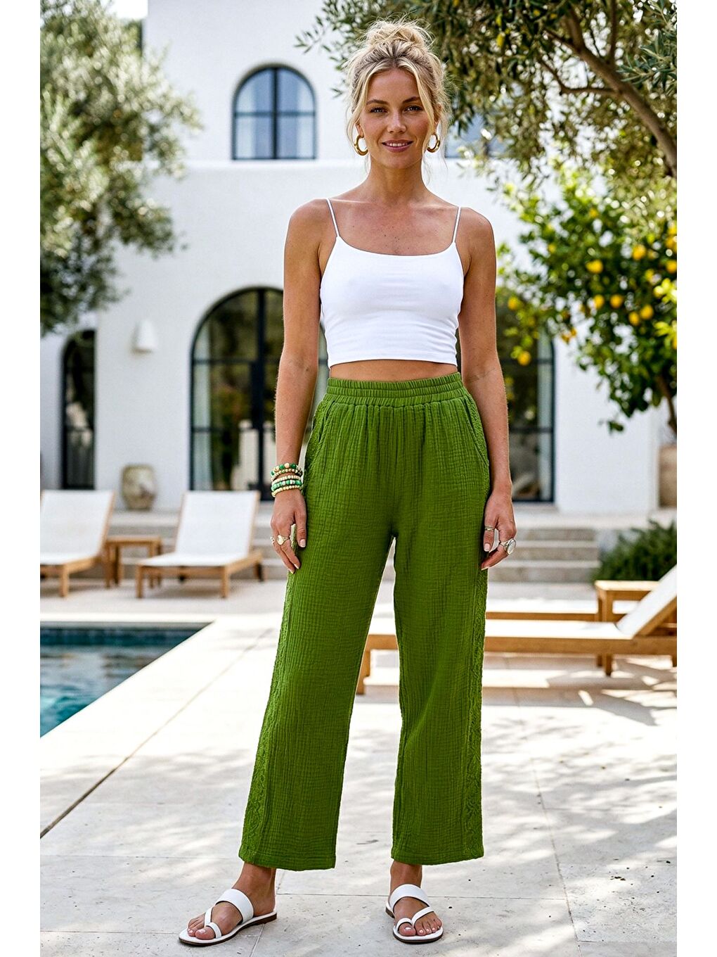 Yeşil Cepli Yanları Dantelli Lastikli Bel Casual Müslin Dokuma Pantolon 92 60-1