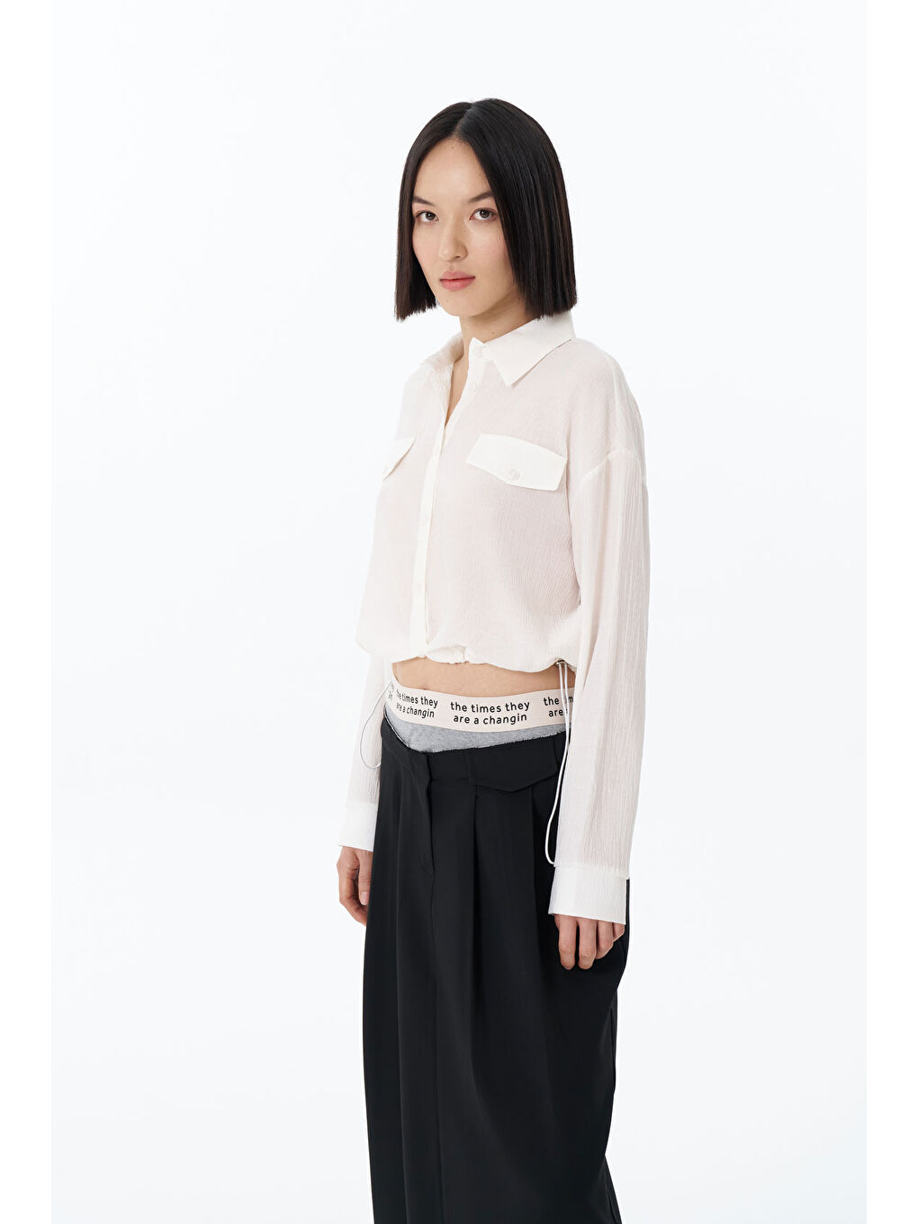 Beli Lastik Detaylı Cep Kapaklı Gömlek Ekru-3