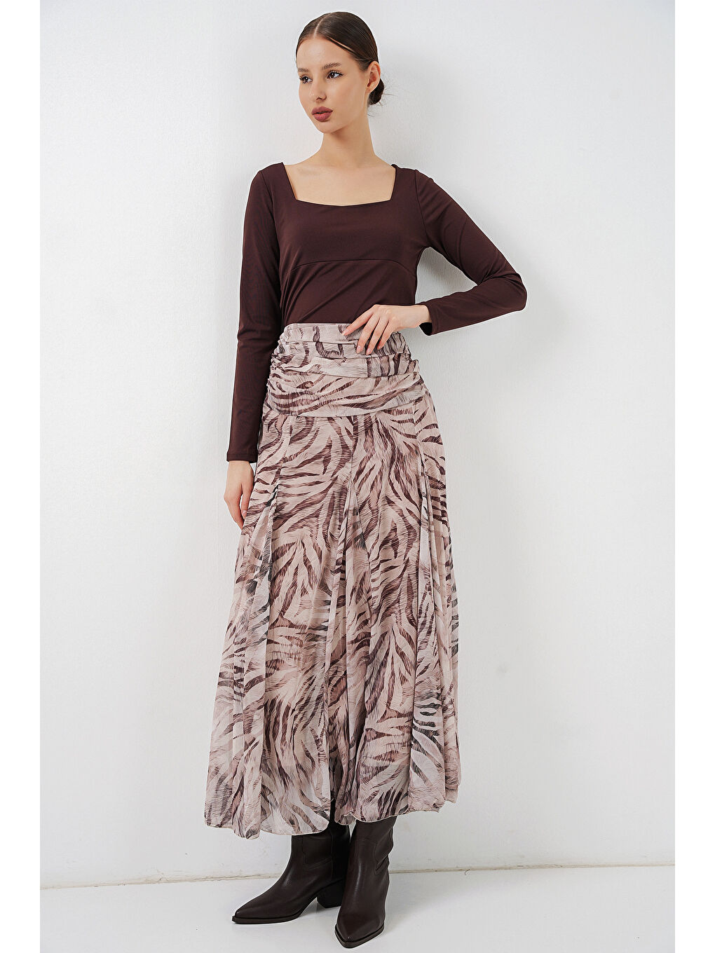 Kadın Desenli Şifon Etek 8057 - Ekru-4