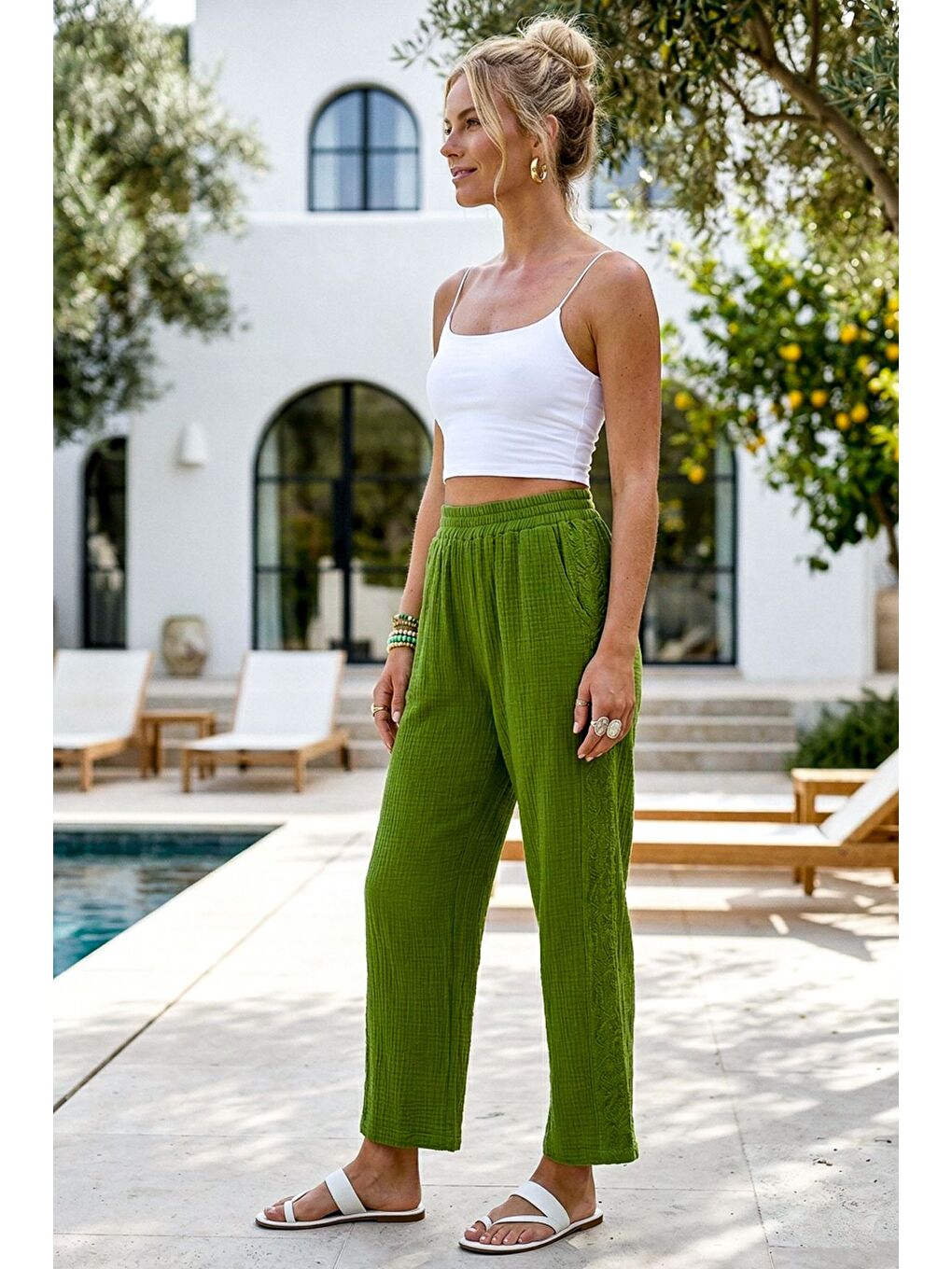 Yeşil Cepli Yanları Dantelli Lastikli Bel Casual Müslin Dokuma Pantolon 92 60-2