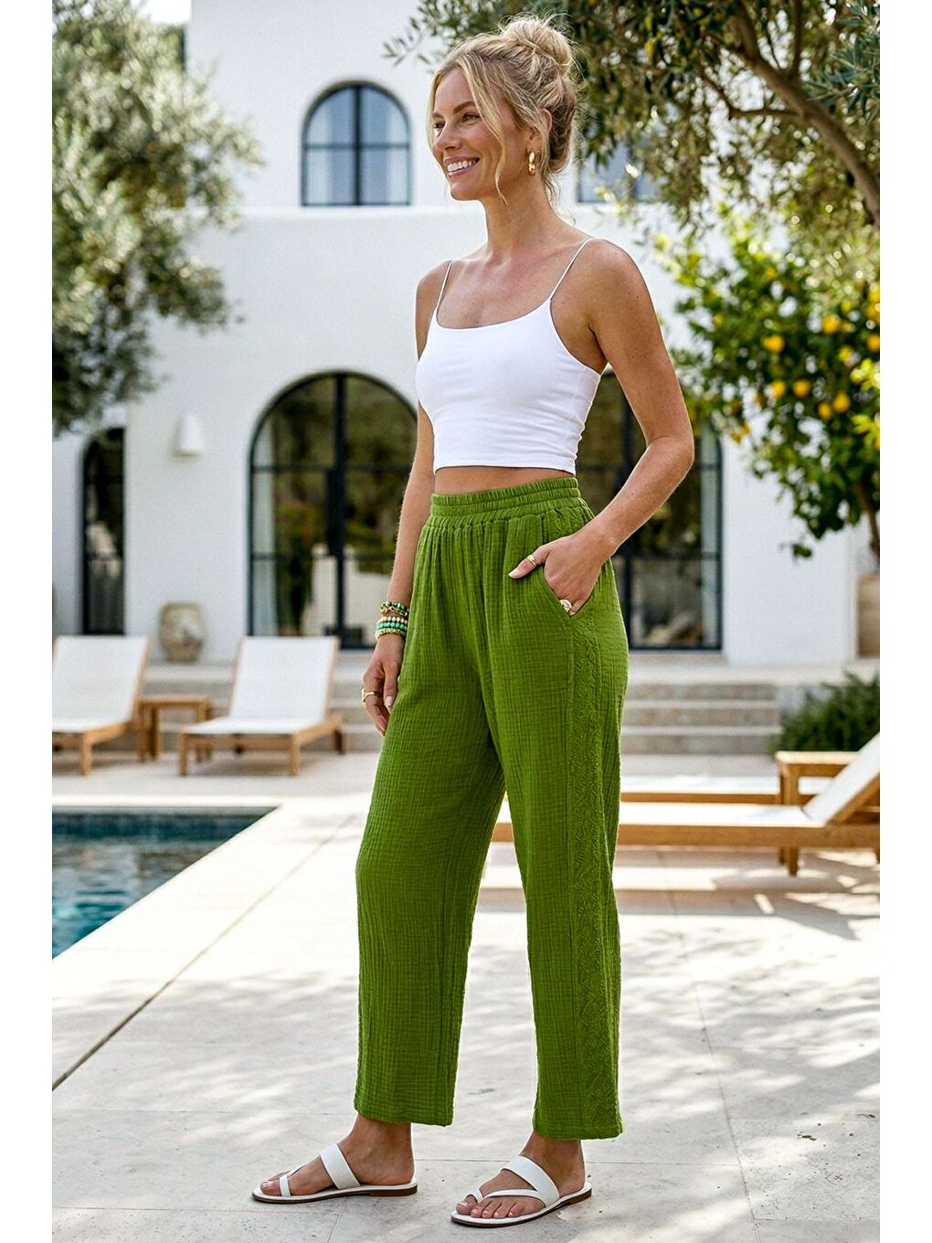 Yeşil Cepli Yanları Dantelli Lastikli Bel Casual Müslin Dokuma Pantolon 92 60-3