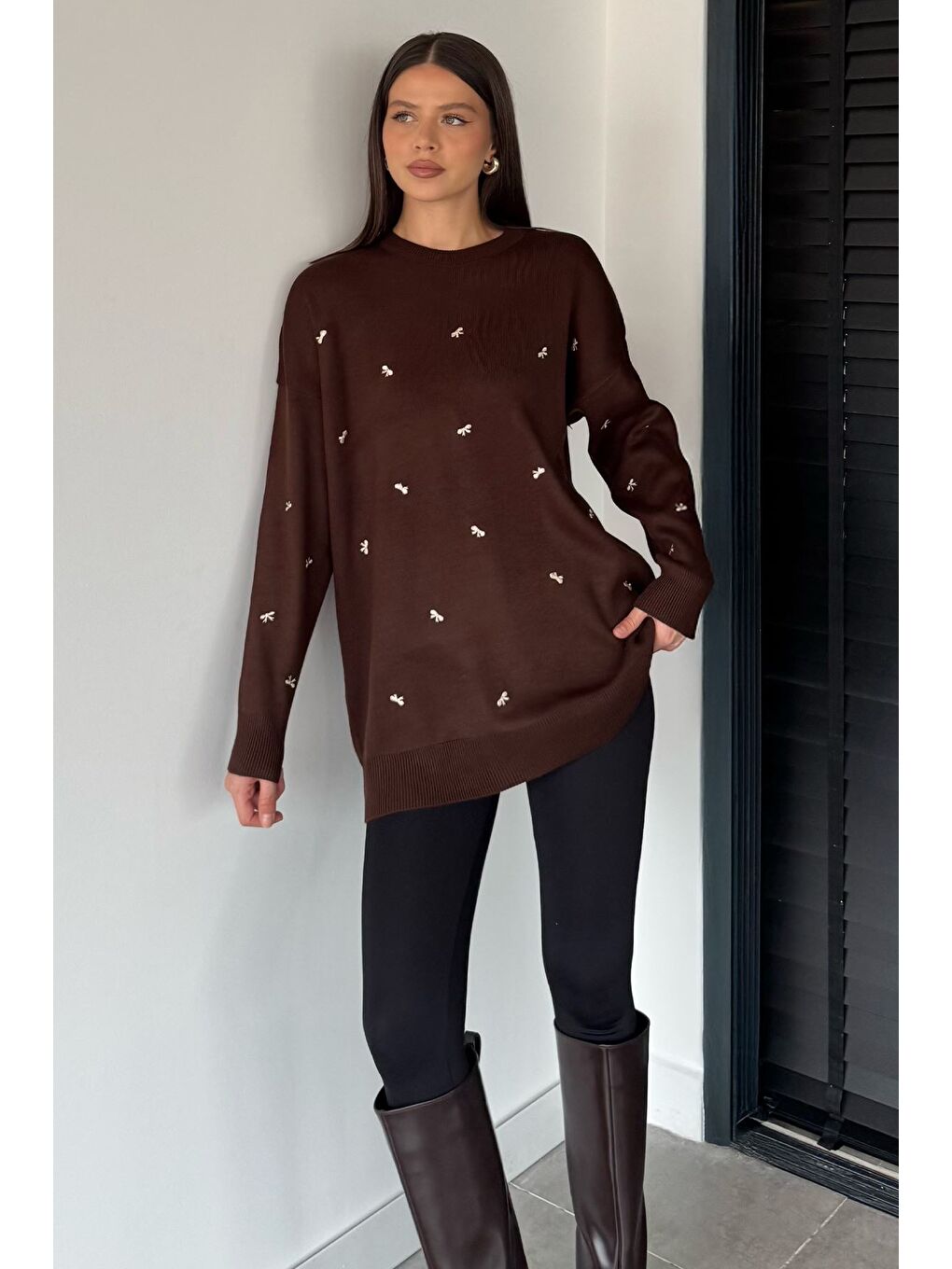 Kahverengi Kadın Kurdele Nakışlı Triko Kazak (m-l-xl Uyumludur)