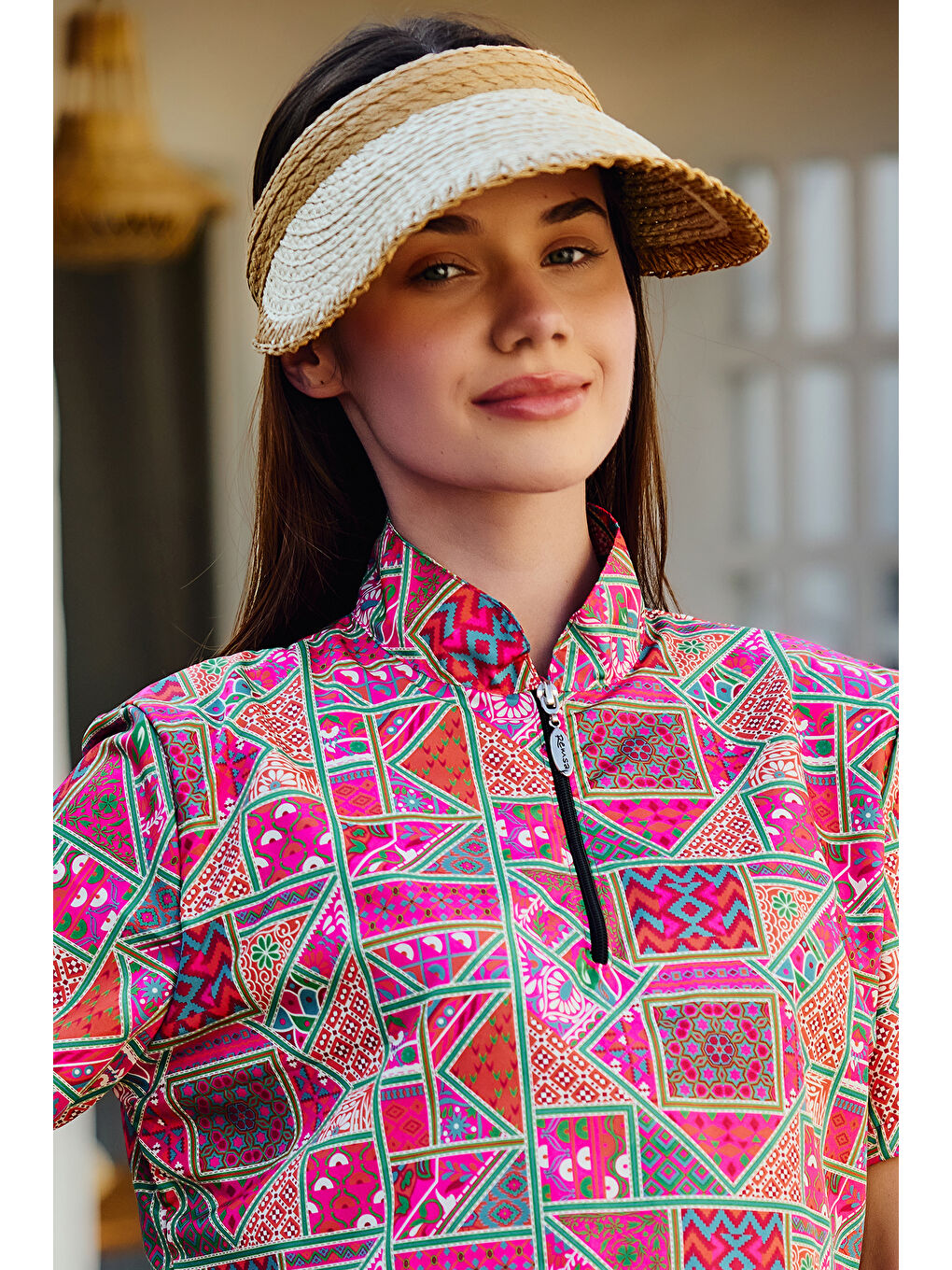 Zigzag Biyeli Vizör Hasır Şapka Güneş Koruyucu Siperlik RŞ-2104 Bej-3