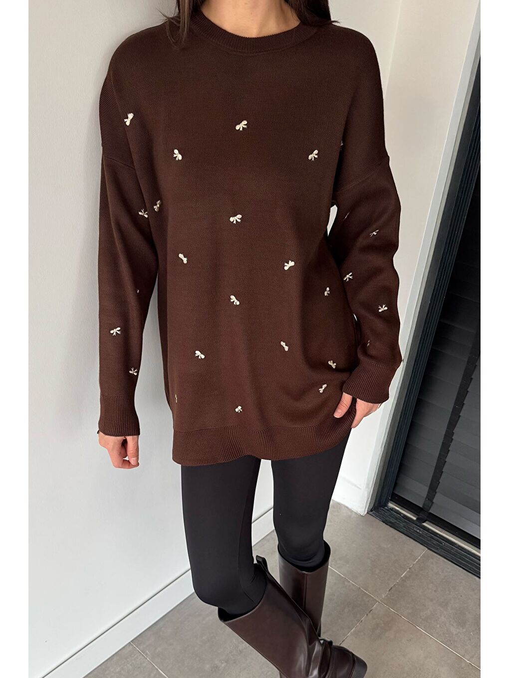 Kahverengi Kadın Kurdele Nakışlı Triko Kazak (m-l-xl Uyumludur)-1