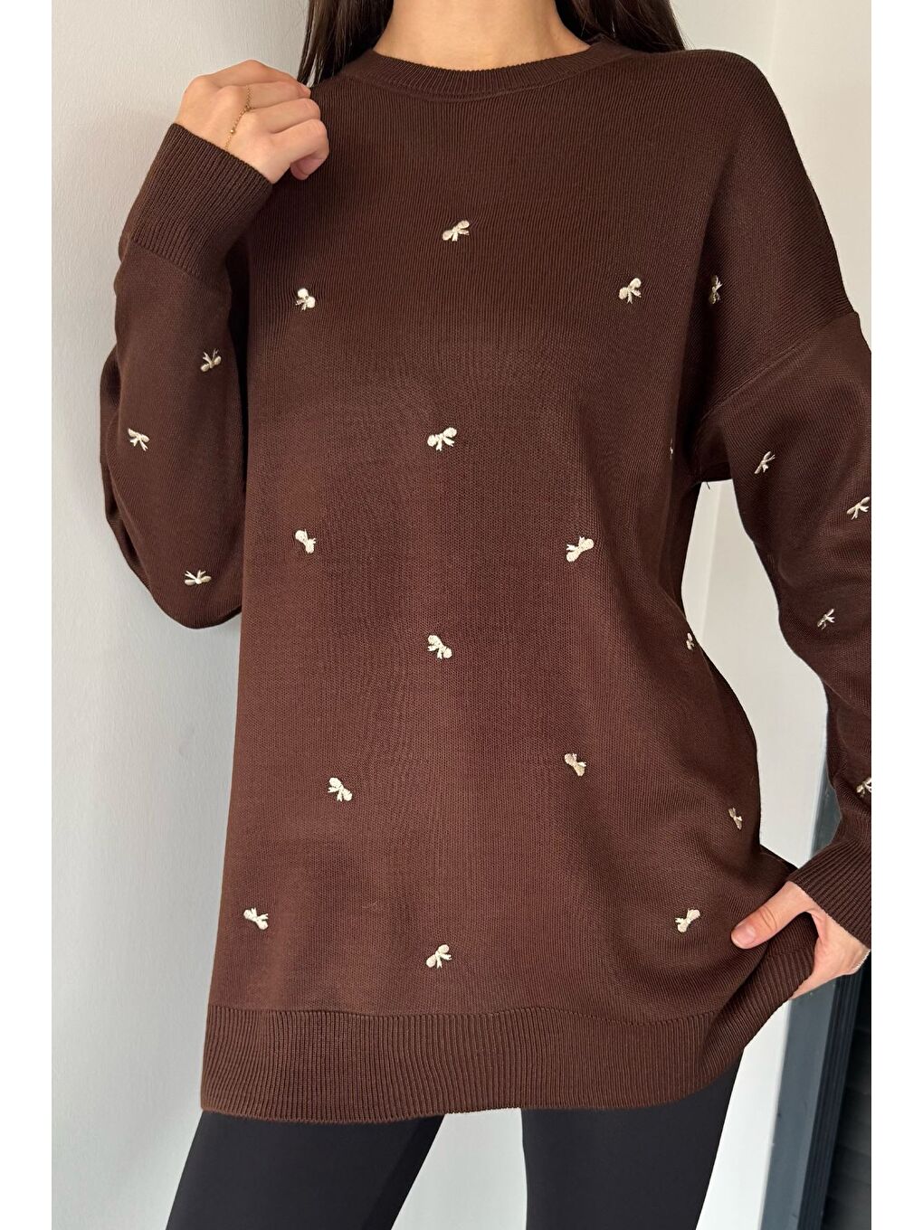 Kahverengi Kadın Kurdele Nakışlı Triko Kazak (m-l-xl Uyumludur)-2