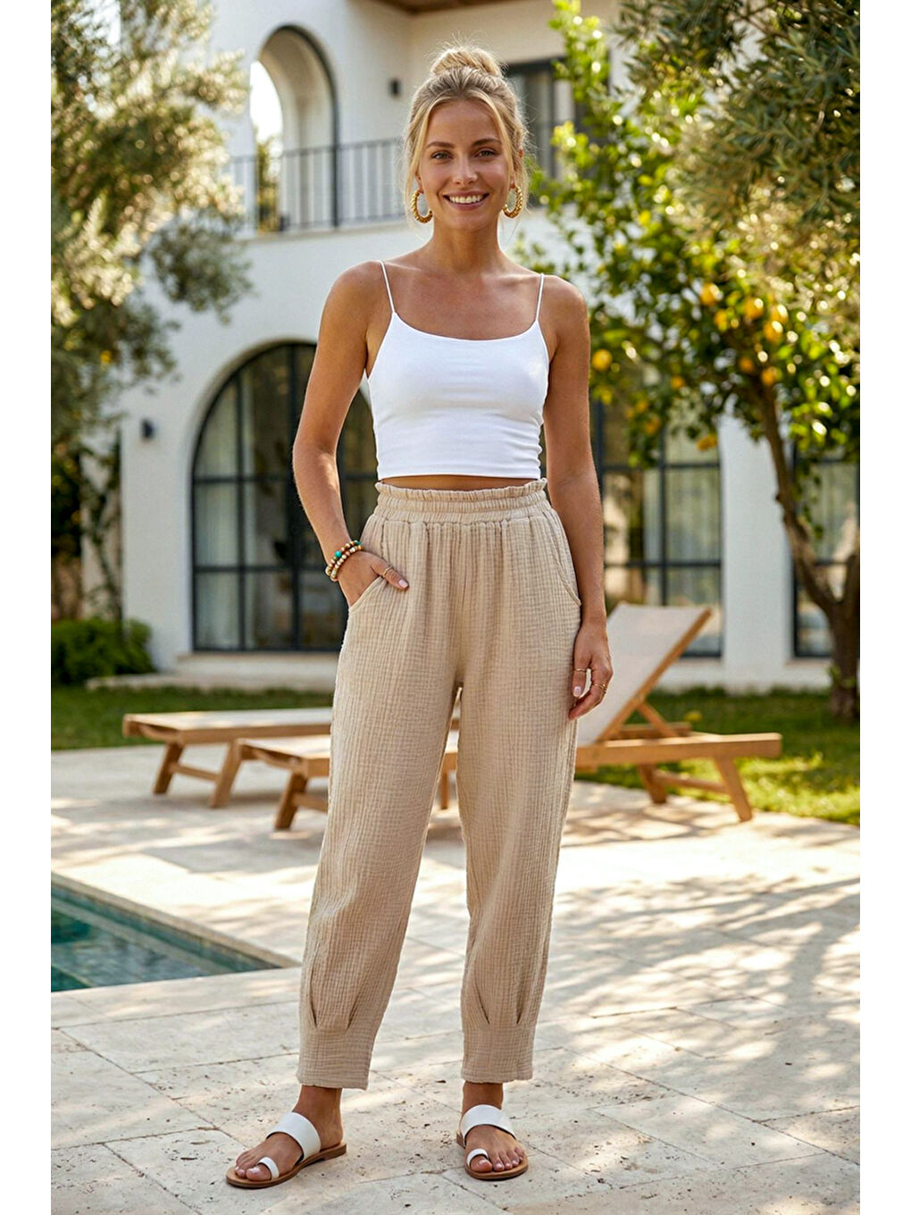 Bej Cepli Paçası Dikişli Lastikli Bel Şalvar Paça Casual Müslin Dokuma Pantolon 94 63-2