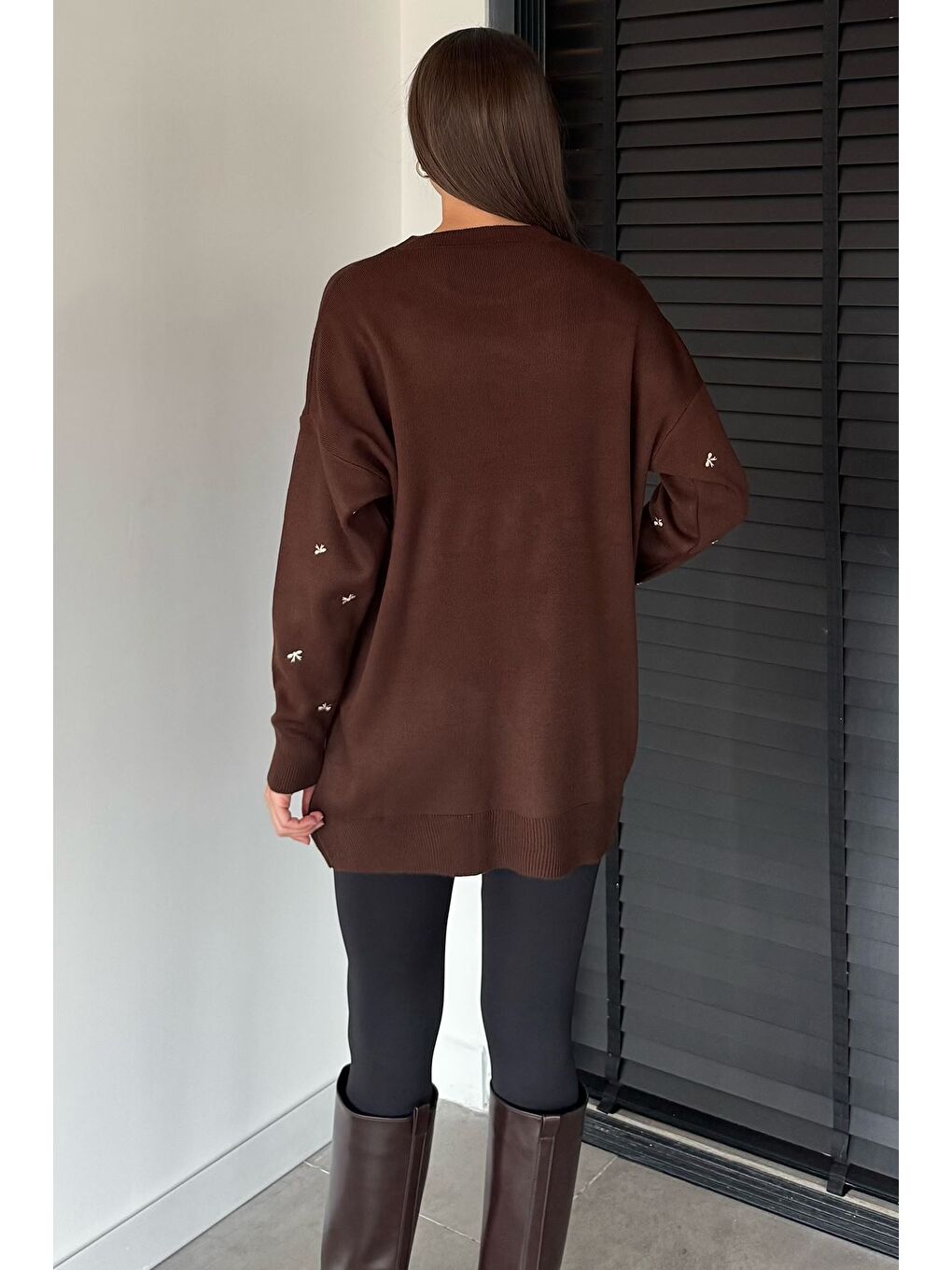 Kahverengi Kadın Kurdele Nakışlı Triko Kazak (m-l-xl Uyumludur)-3
