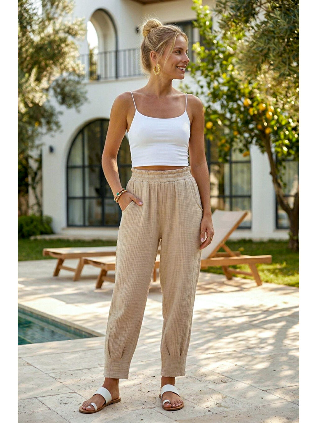 Bej Cepli Paçası Dikişli Lastikli Bel Şalvar Paça Casual Müslin Dokuma Pantolon 94 63-3