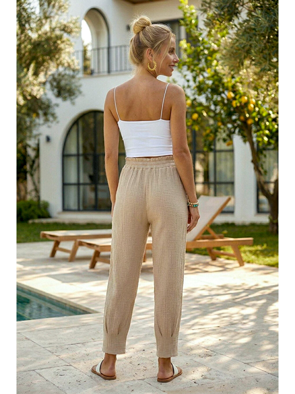 Bej Cepli Paçası Dikişli Lastikli Bel Şalvar Paça Casual Müslin Dokuma Pantolon 94 63-4