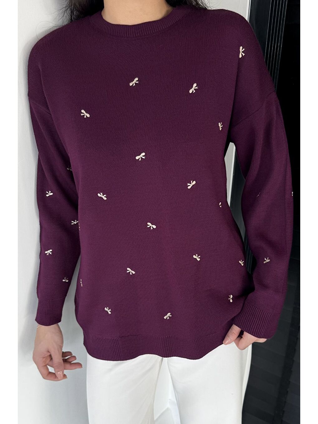 Mürdüm Kadın Kurdele Nakışlı Triko Kazak (m-l-xl Uyumludur)