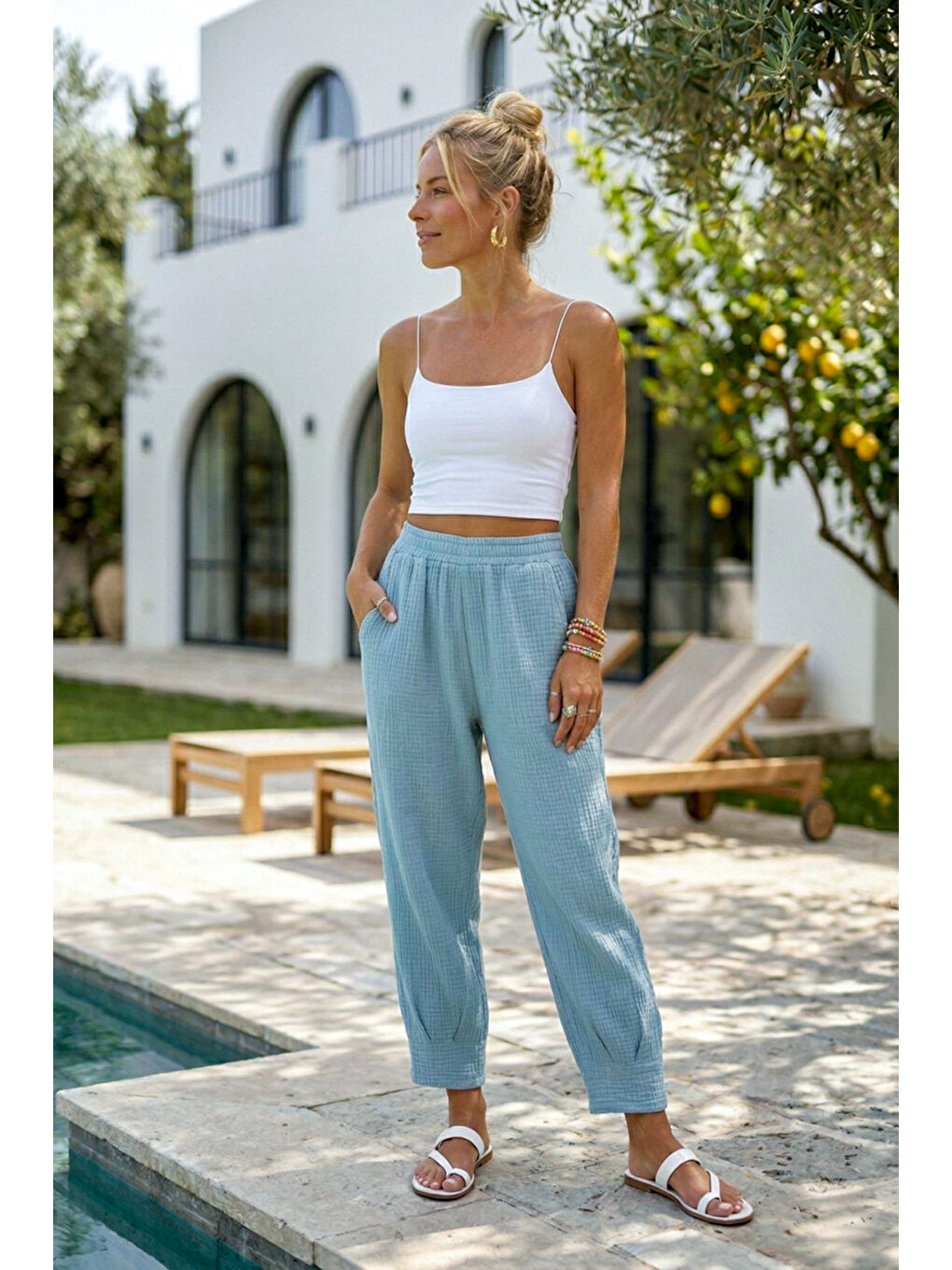 Açık Mavi Cepli Paçası Dikişli Lastikli Bel Şalvar Paça Casual Müslin Dokuma Pantolon 94 63-3