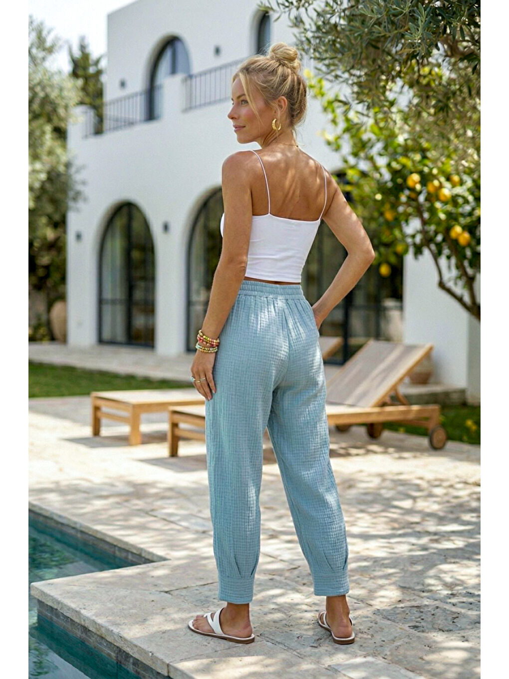 Açık Mavi Cepli Paçası Dikişli Lastikli Bel Şalvar Paça Casual Müslin Dokuma Pantolon 94 63-4