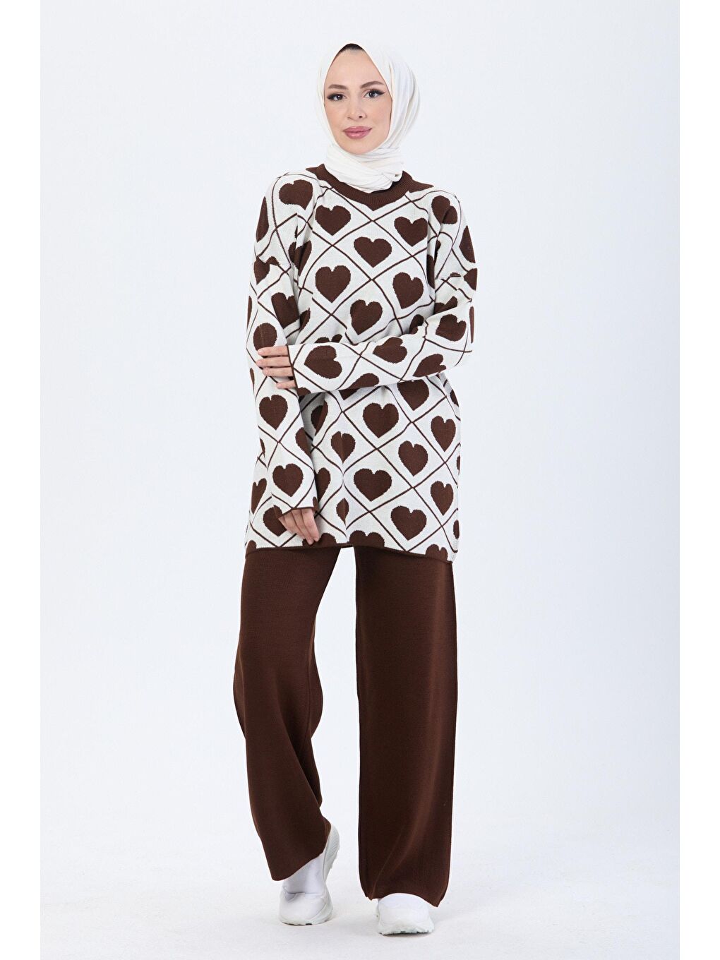Bisiklet Yaka Kadın Kahverengi Triko Takım - 24096-3