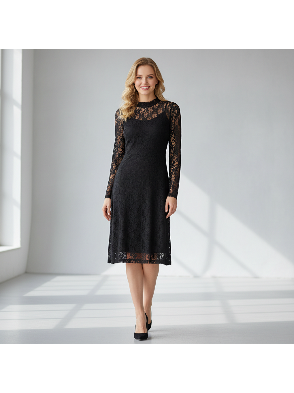 Kadın Tam Dantel Uzun Kollu Parmak Geçmeli Siyah Renk Elbise Bb2294