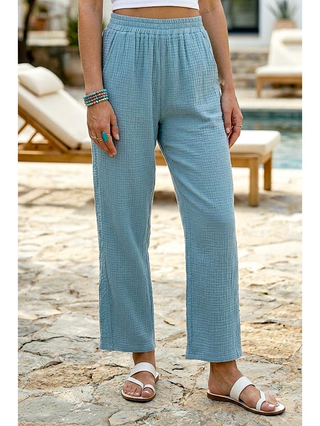 Açık Mavi Cepli Yanları Dantelli Lastikli Bel Casual Müslin Dokuma Pantolon 92 60