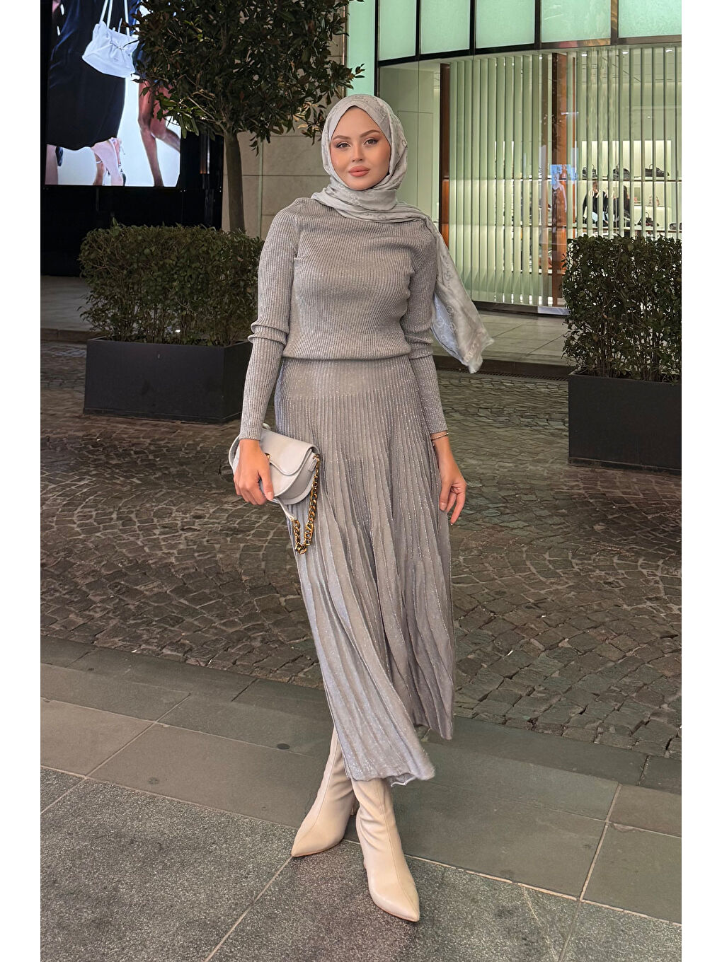 Kadın Sim Detaylı Elbise Gri-4