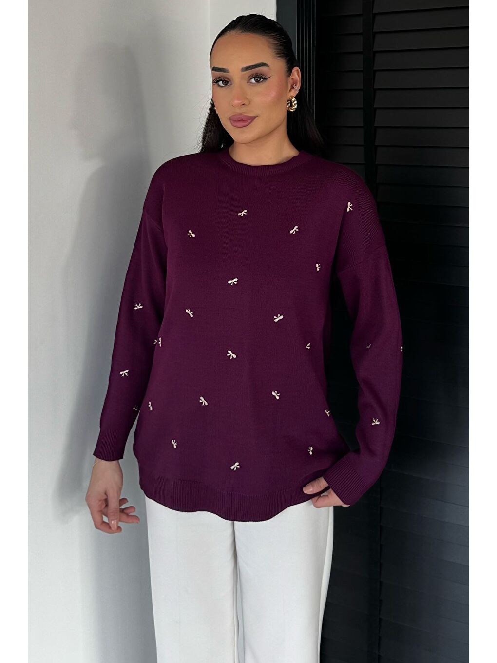 Mürdüm Kadın Kurdele Nakışlı Triko Kazak (m-l-xl Uyumludur)-1