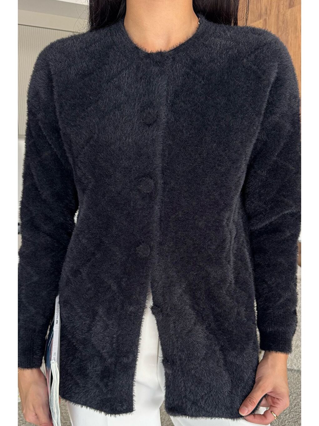 Siyah Kadın Ön Düğmeli Yumoş İplik Triko Ceket (s-m-l Uyumludur)-1