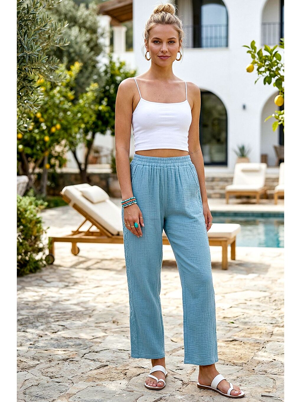 Açık Mavi Cepli Yanları Dantelli Lastikli Bel Casual Müslin Dokuma Pantolon 92 60-1