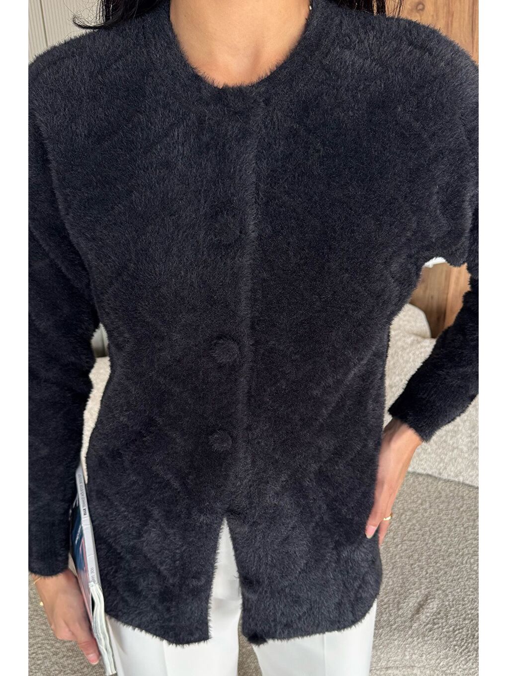 Siyah Kadın Ön Düğmeli Yumoş İplik Triko Ceket (s-m-l Uyumludur)-2