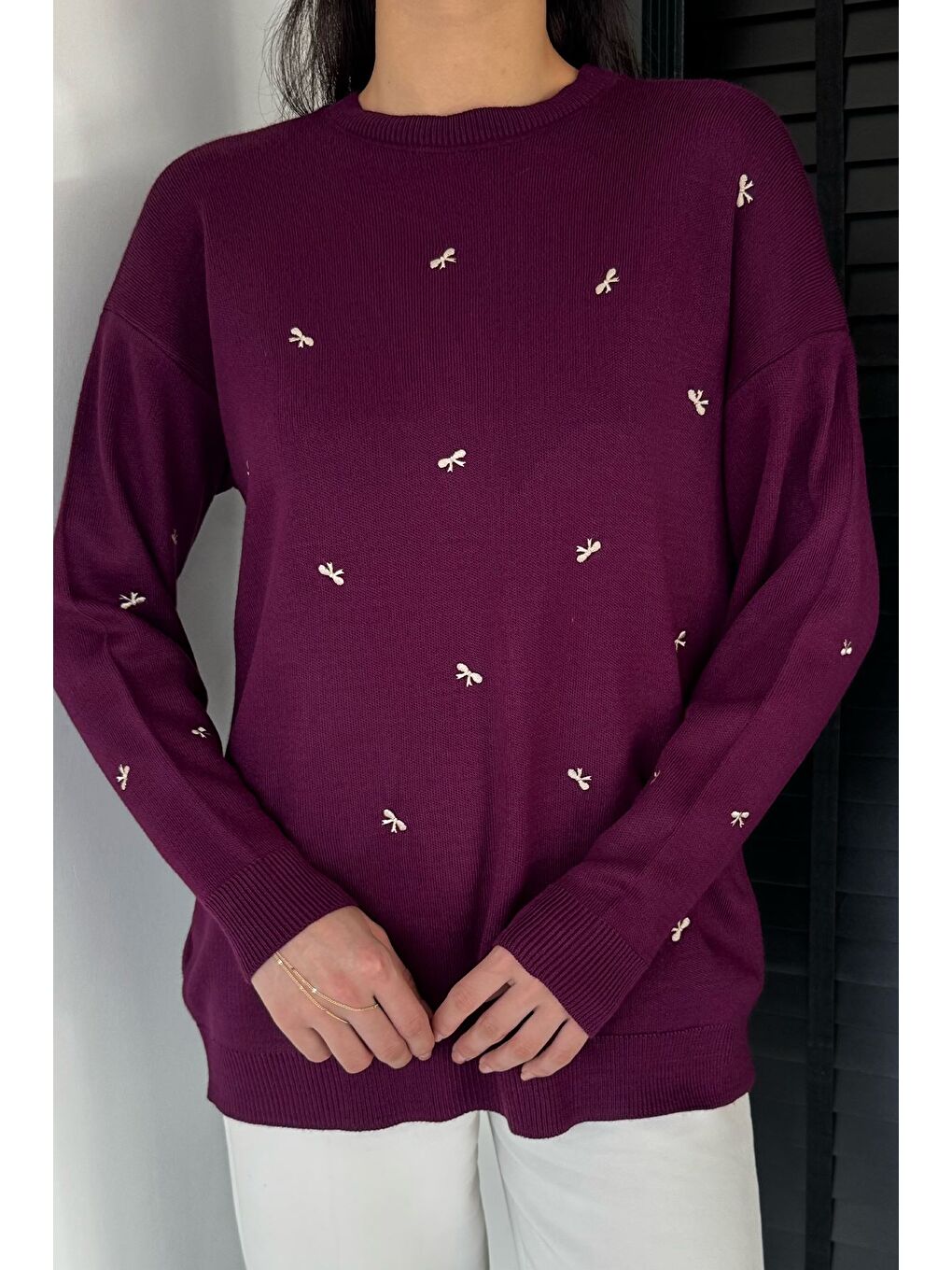 Mürdüm Kadın Kurdele Nakışlı Triko Kazak (m-l-xl Uyumludur)-2