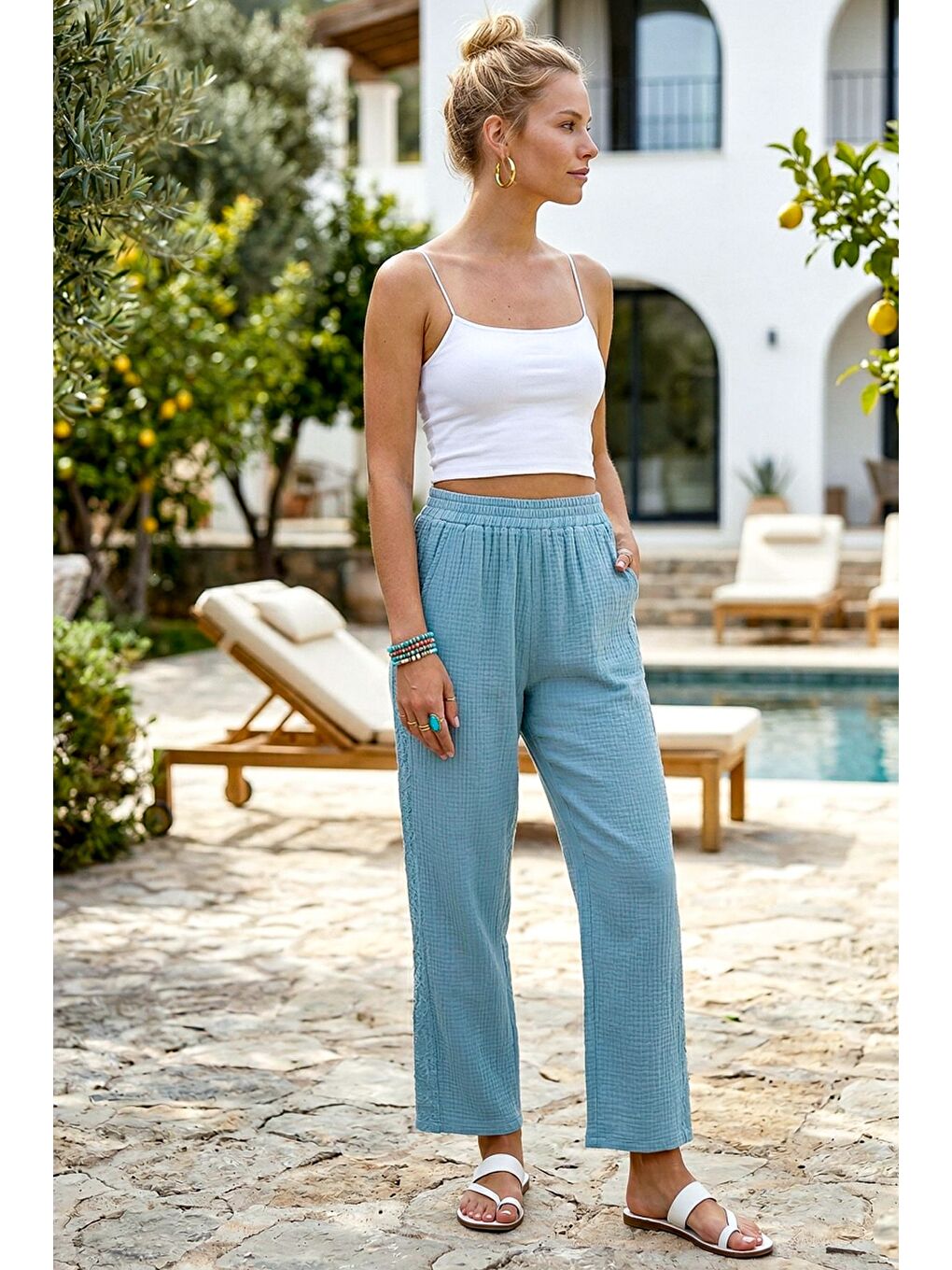 Açık Mavi Cepli Yanları Dantelli Lastikli Bel Casual Müslin Dokuma Pantolon 92 60-2