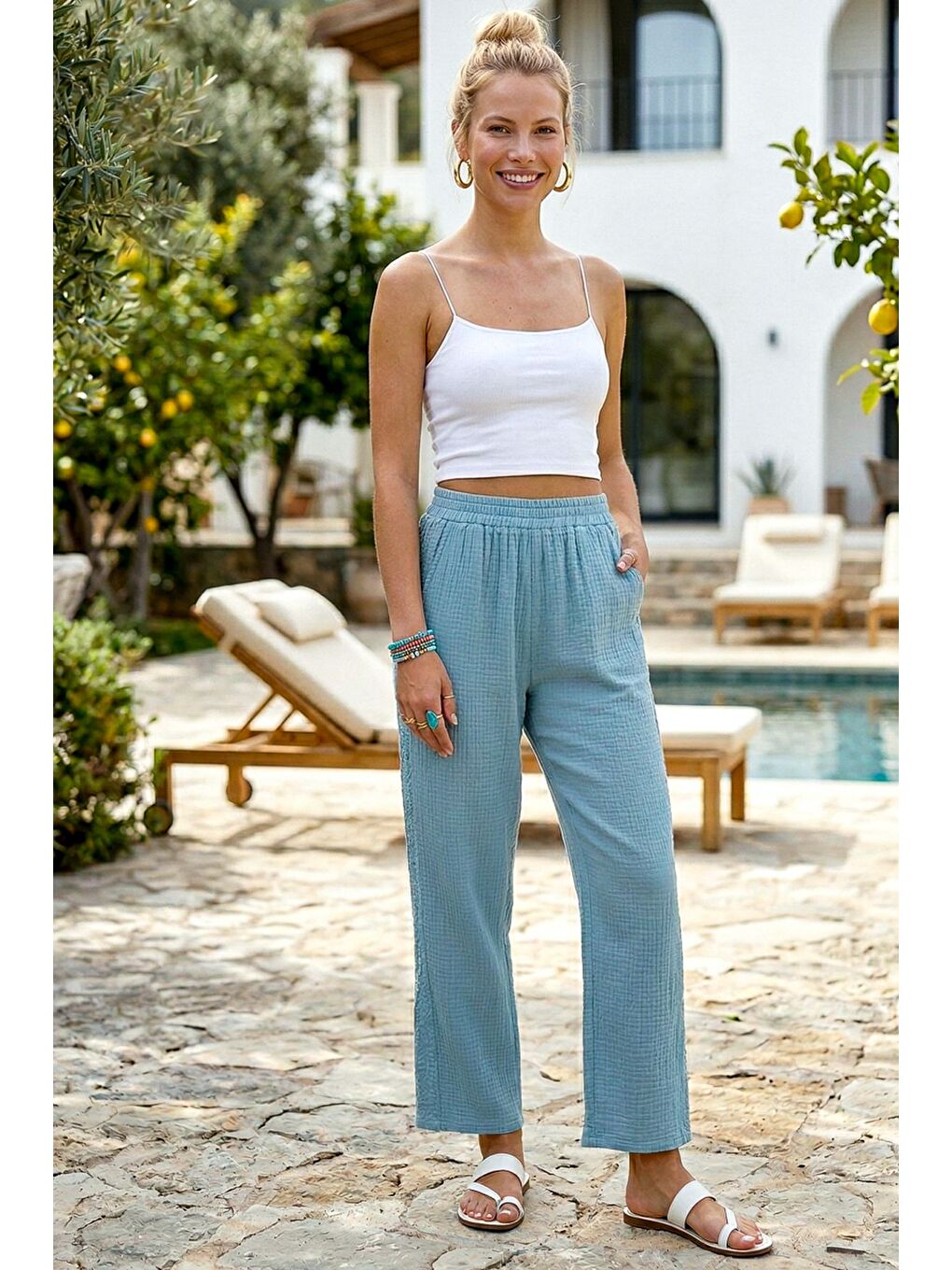 Açık Mavi Cepli Yanları Dantelli Lastikli Bel Casual Müslin Dokuma Pantolon 92 60-3