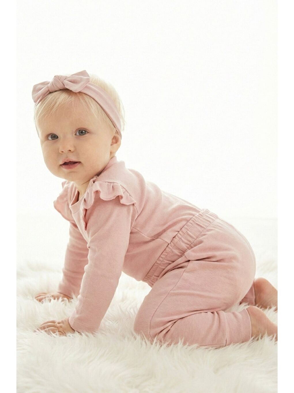 Pembe Kız Bebek Organik Üçlü Takım - Pudra-1