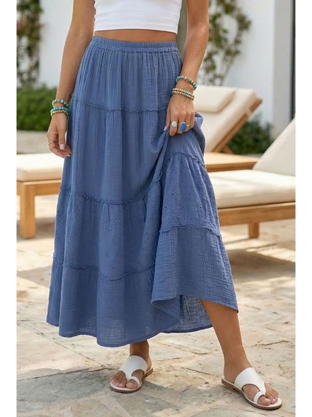 Mavi Eteği Fırfırlı Fistolu Kat Kat Casual Müslin Standart Dokuma Etek 94 65