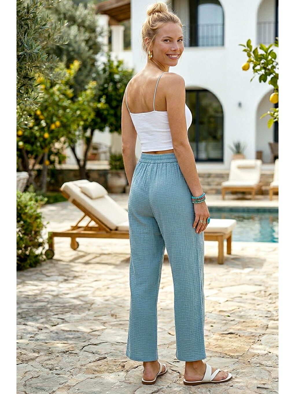 Açık Mavi Cepli Yanları Dantelli Lastikli Bel Casual Müslin Dokuma Pantolon 92 60-4