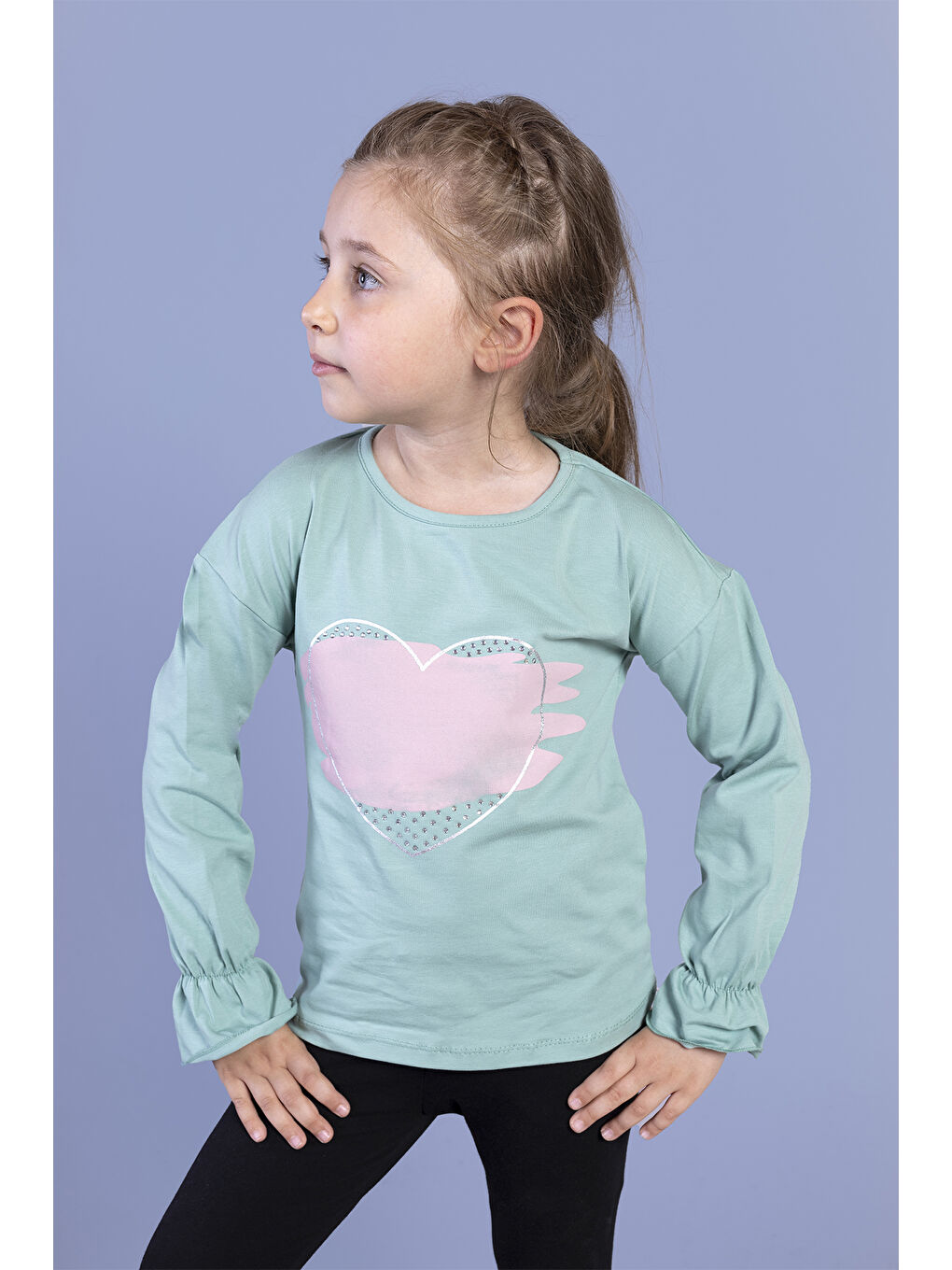 Ekru Kız Çocuk Kol Ucu Lastikli Taş İşlemeli Baskılı Tişört