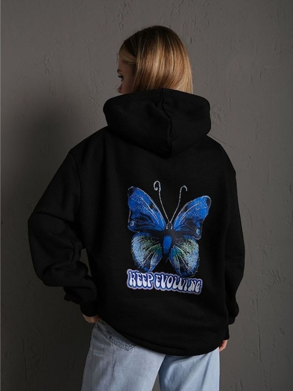 Kadın Siyah Butterfly Baskılı Oversize Kapüşonlu Sweatshirt Hoodie-2