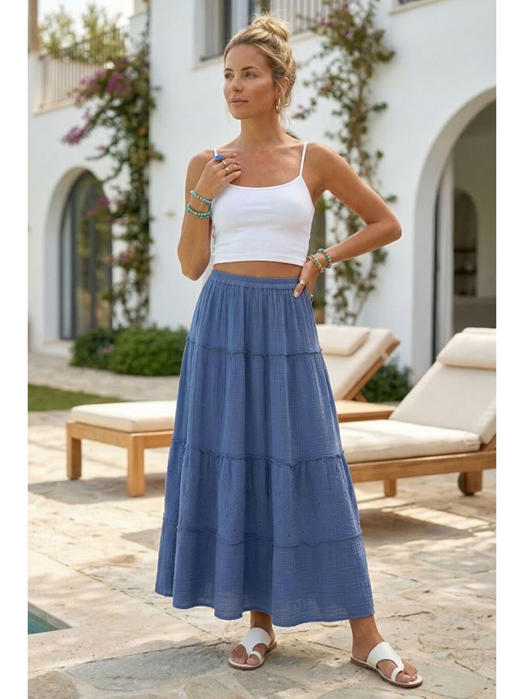 Mavi Eteği Fırfırlı Fistolu Kat Kat Casual Müslin Standart Dokuma Etek 94 65-3