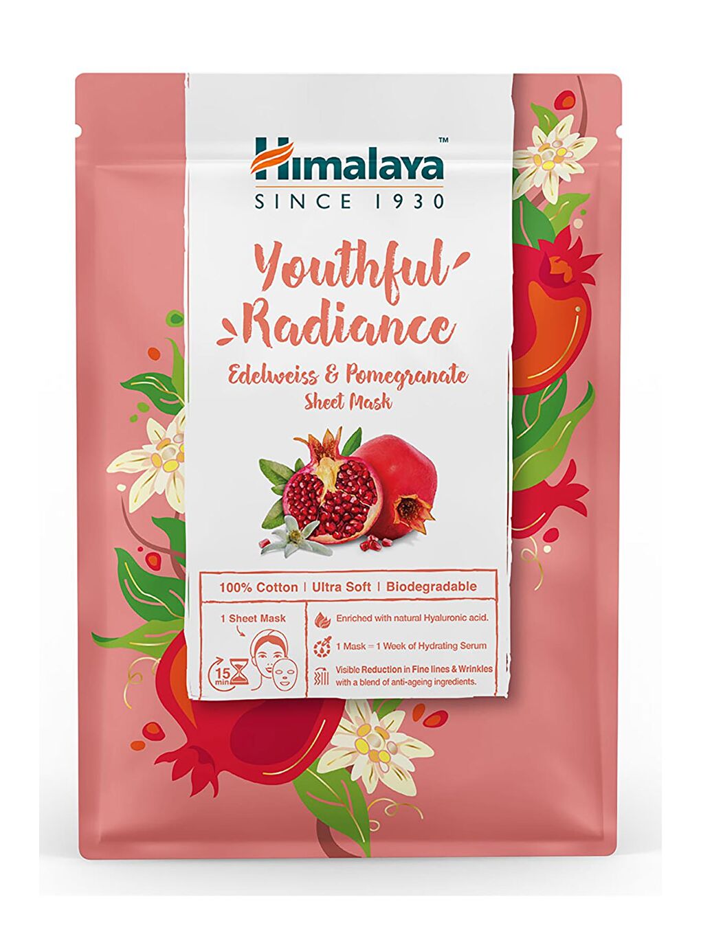 Himalaya Since 1930 Kırışık Karşıtı Kağıt Maske, Edelweiss, Nar, Hyaluronik Asit, %100 Pamuk, Tüm Ciltler, 30 Gr