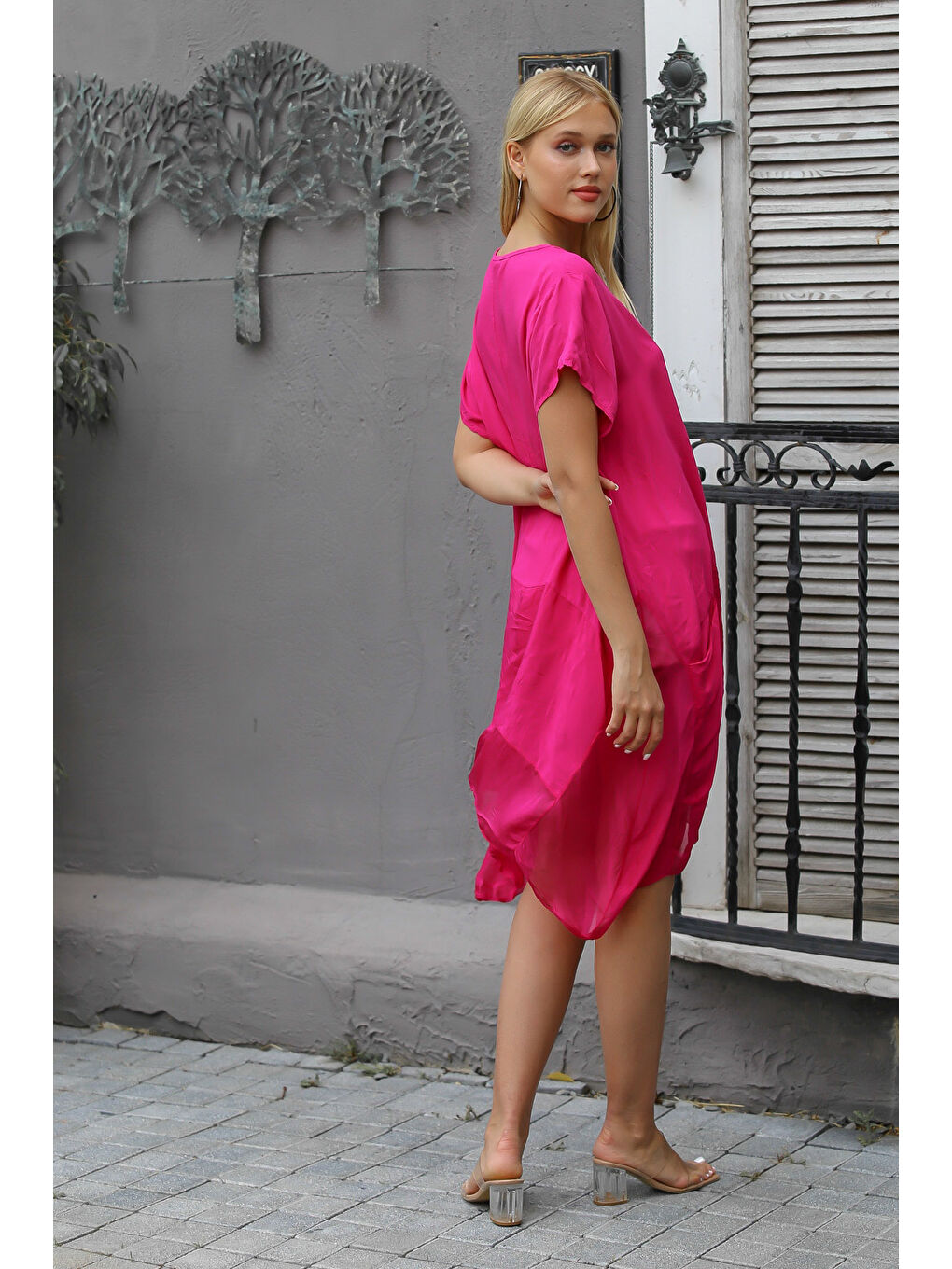 İtalyan Fuşya Kayık Yaka Düşük Kol Örme Elbise-1