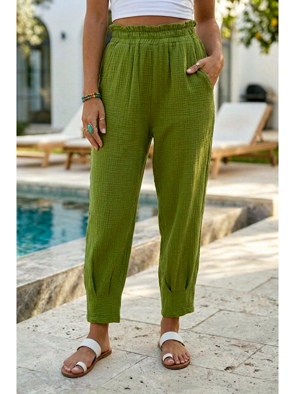 Yeşil Cepli Paçası Dikişli Lastikli Bel Şalvar Paça Casual Müslin Dokuma Pantolon 94 63