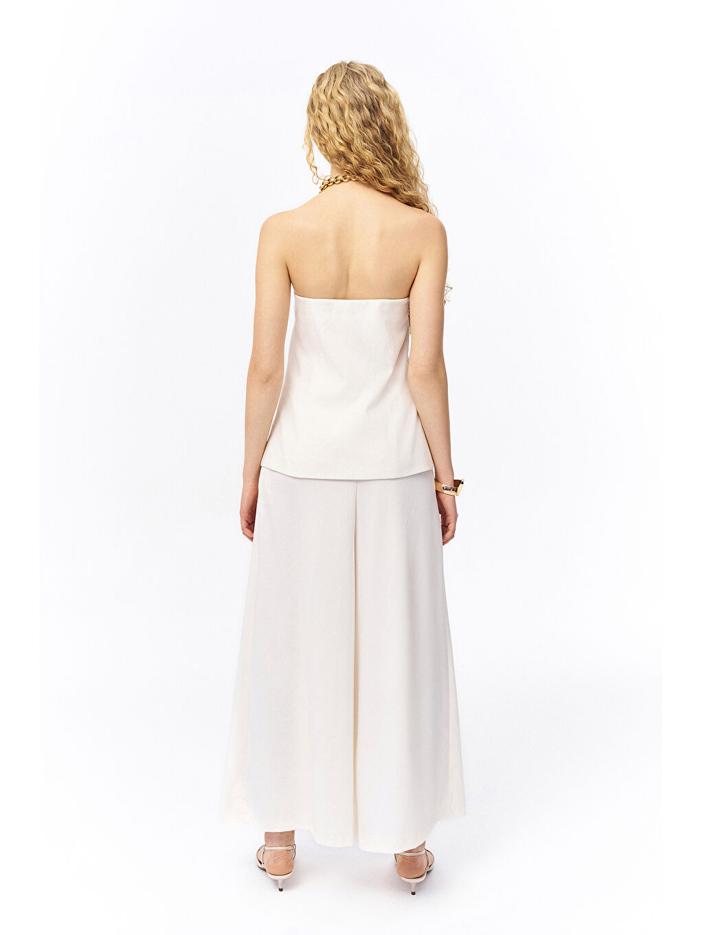 Düğme Detaylı Straplez Bluz Ekru-4