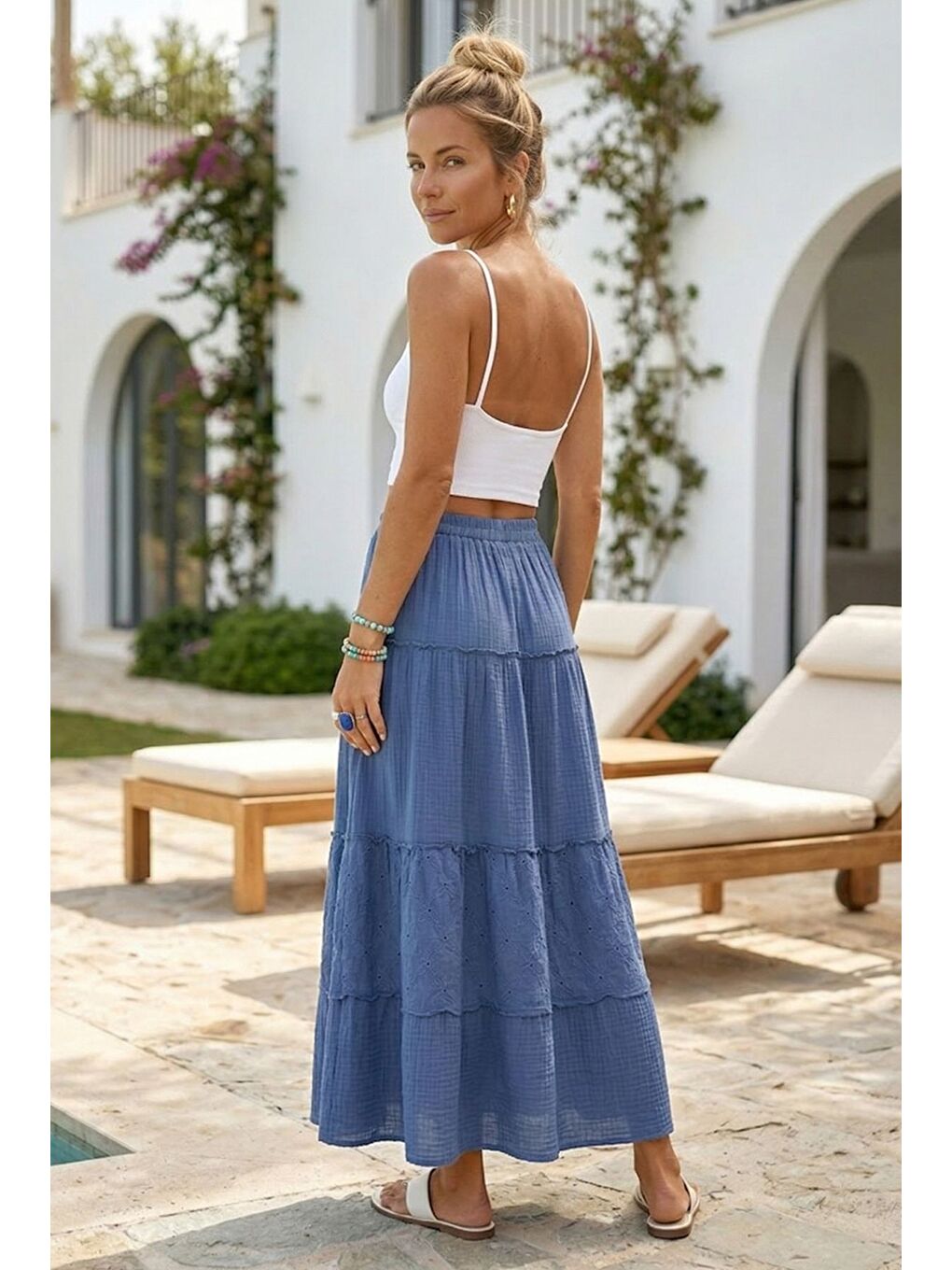 Mavi Eteği Fırfırlı Fistolu Kat Kat Casual Müslin Standart Dokuma Etek 94 65-6