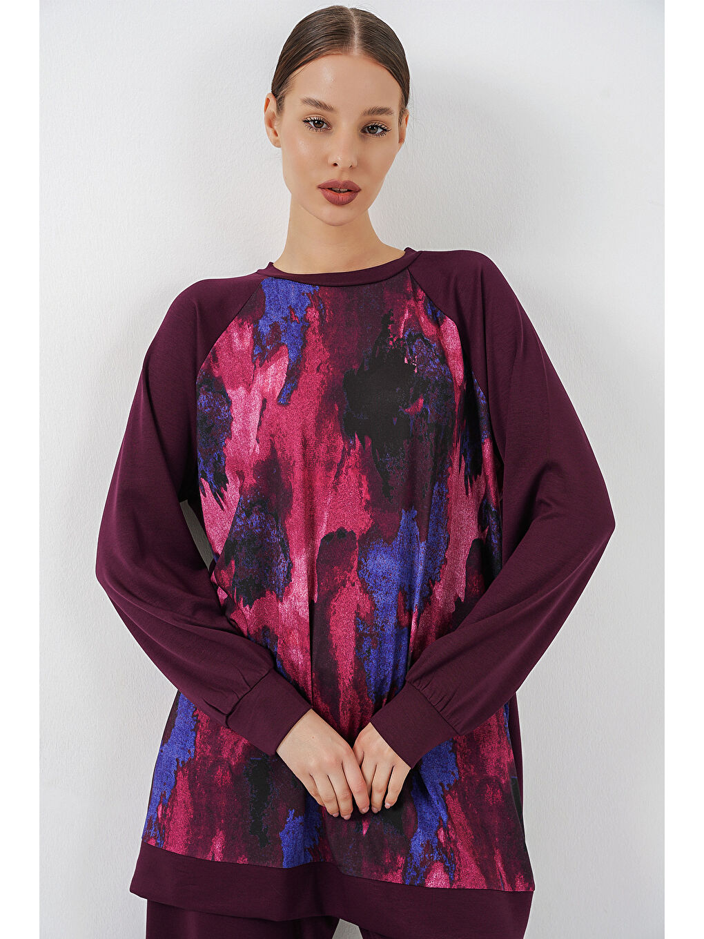 Kadın Desenli Oversize Tunik Pantolon İkili Takım 55462 - Mor-1