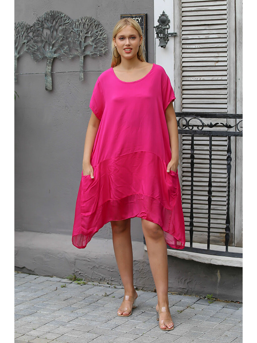 İtalyan Fuşya Kayık Yaka Düşük Kol Örme Elbise-2