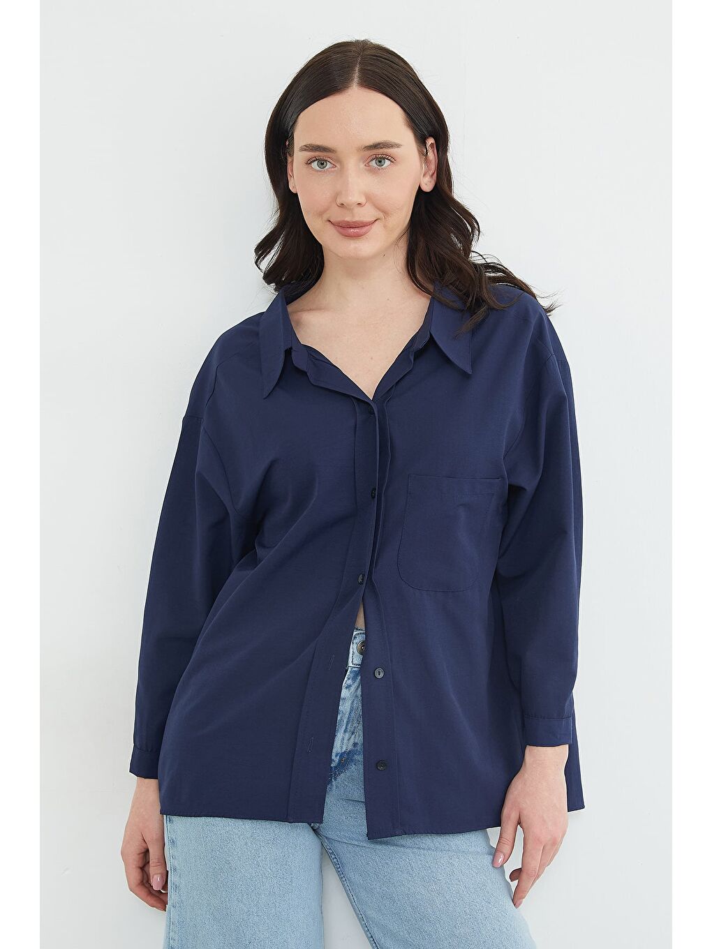 Lacivert Basic Tek Cepli Oversize Gömlek-1