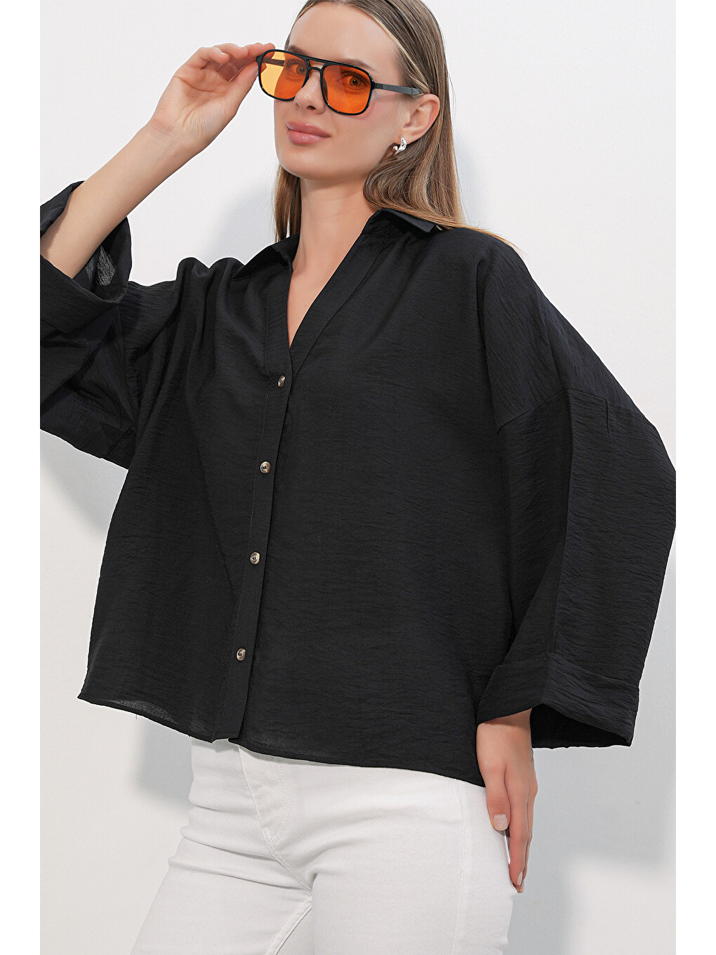Kadın Geniş Kol Oversize Gömlek 20401 - Siyah-3