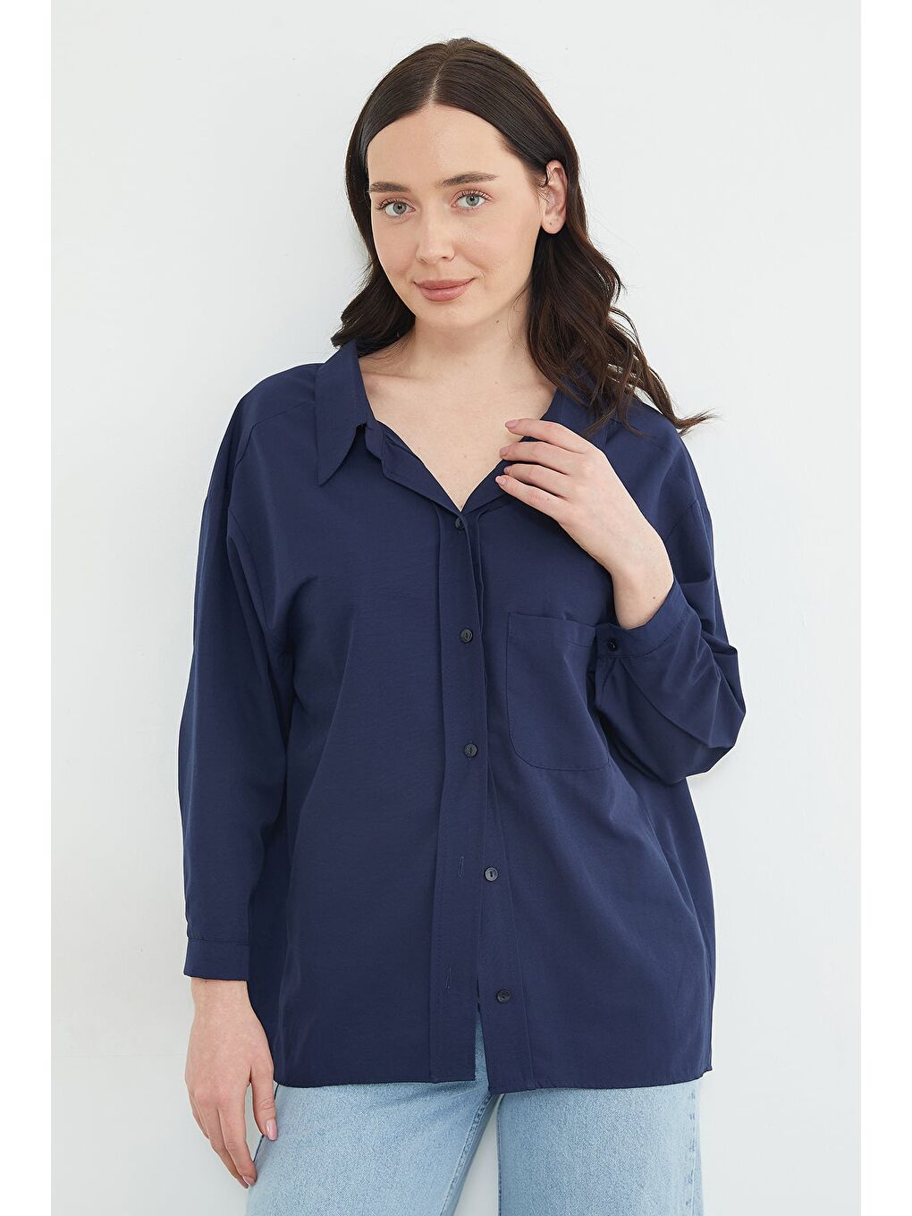 Lacivert Basic Tek Cepli Oversize Gömlek-2