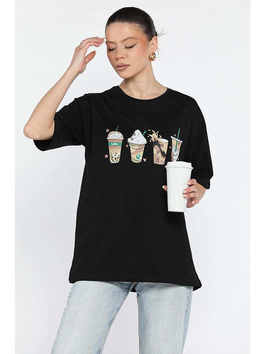 Siyah Bisiklet Yaka Ön Baskılı Kadın Tişört-1