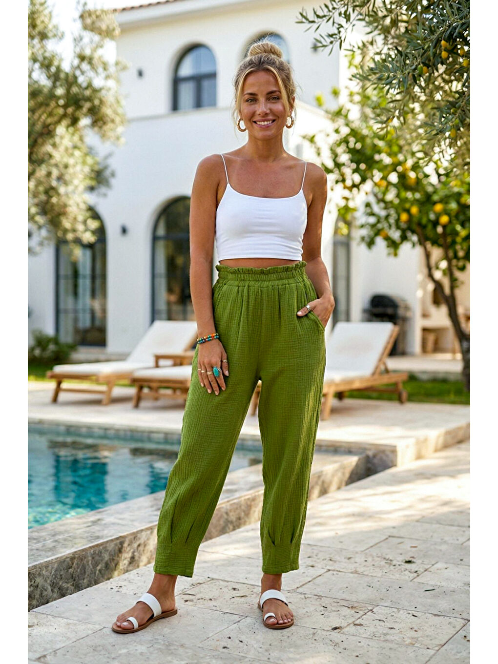 Yeşil Cepli Paçası Dikişli Lastikli Bel Şalvar Paça Casual Müslin Dokuma Pantolon 94 63-2